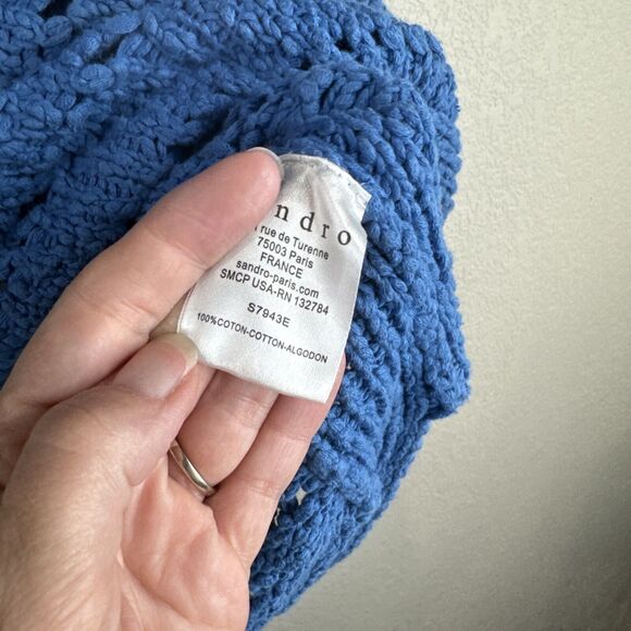 Sandro Sweater Women 1 Blue Open Knit Short Sleeve Cotton Pretty Spring Casual S - Picture 6 of 11